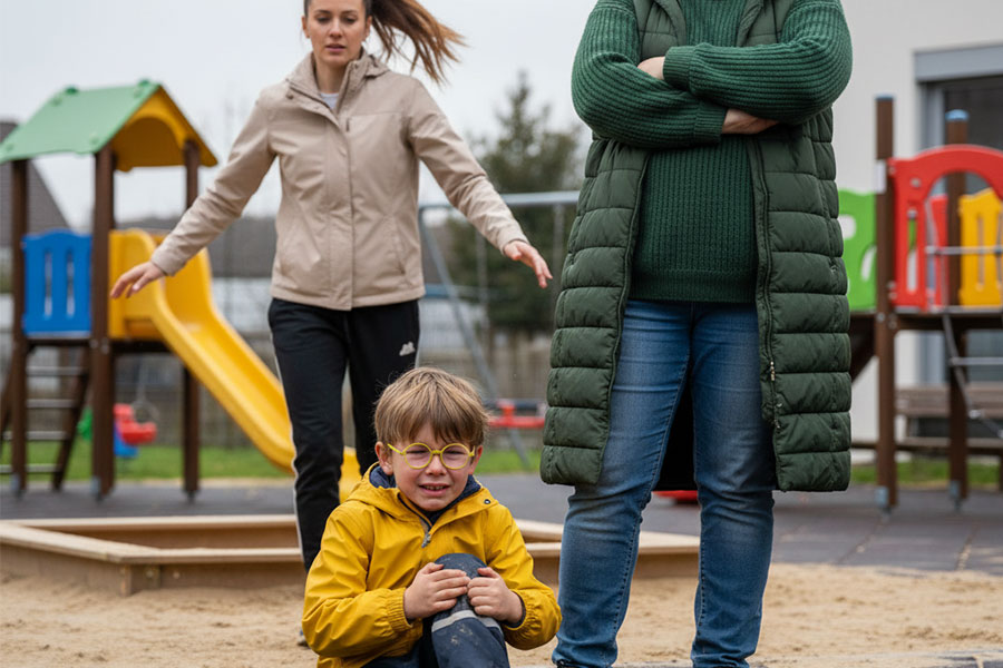 Kind sitzt auf dem Boden und weint. Im Hintergrund sind besorgte und verärgerte Eltern zu sehen.