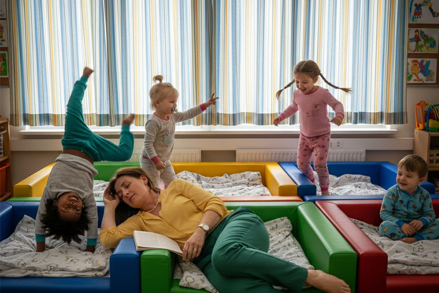 Eine Frau ruht sich aus und im Hintergrund toben Kinder wild herum.