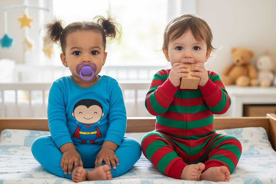 Zwei Kleinkinder sitzen nebeneinander auf einer Decke