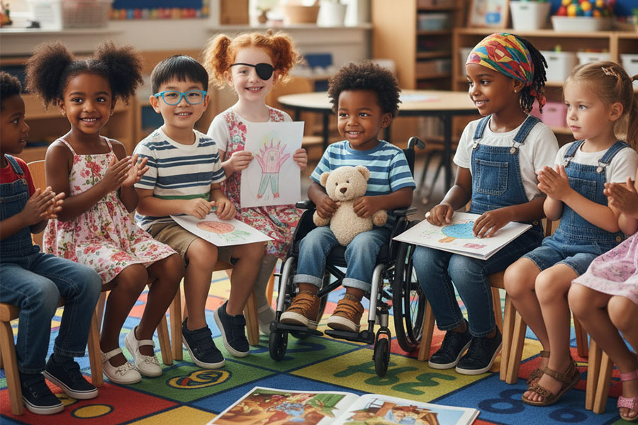 Kinder verschiedener Herkunft sitzen im Stuhlkreis zusammen und sind fröhlich.