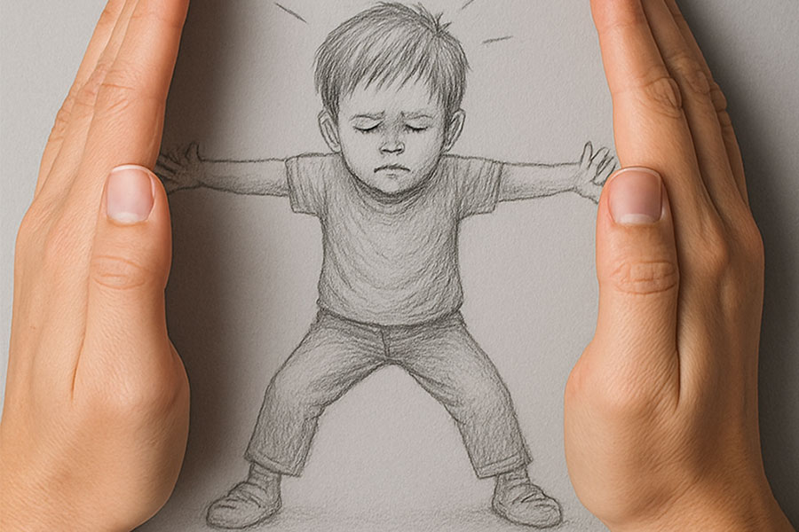 Ein Junge wird von links und rechts von zwei Händen zerdrückt und versucht diese auseinanderzudrücken.